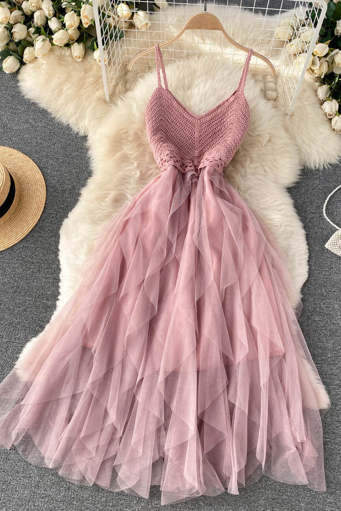 Irregular Gauze V-Neck Strap Knit Beach Maxi Dress