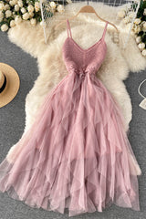Irregular Gauze V-Neck Strap Knit Beach Maxi Dress