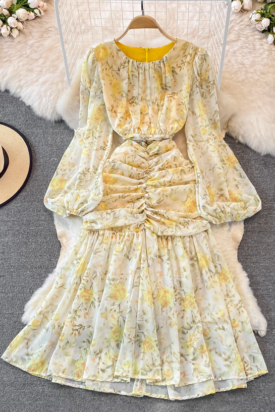 Floral Long Sleeve Zip Ruffle Maxi Dress