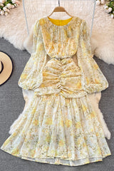 Floral Long Sleeve Zip Ruffle Maxi Dress