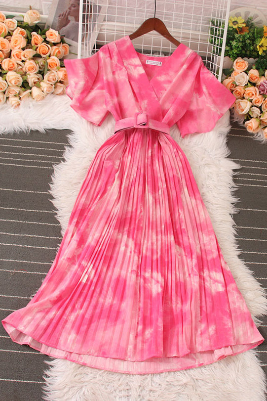 V-Neck Short Sleeve Pleated Dress