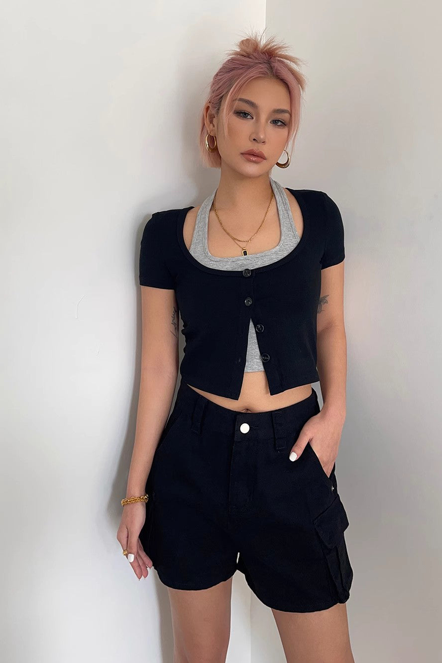 Contrast Buttoned Front Fake Two Tops Shirt