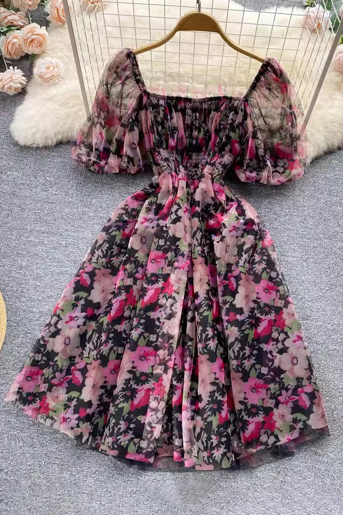 Chiffon Floral High Waist Short Sleeve Maxi Dress