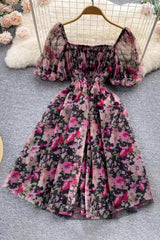 Chiffon Floral High Waist Short Sleeve Maxi Dress