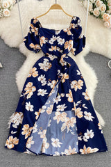 Retro Floral Square Neck Short Sleeve Backless Maxi Dress