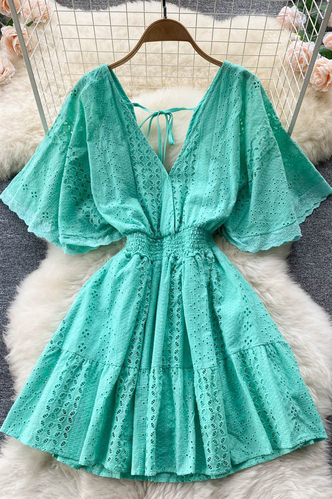 V-Neck Hollow Backless Short Sleeve Mini Dress