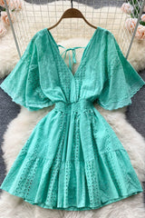 V-Neck Hollow Backless Short Sleeve Mini Dress