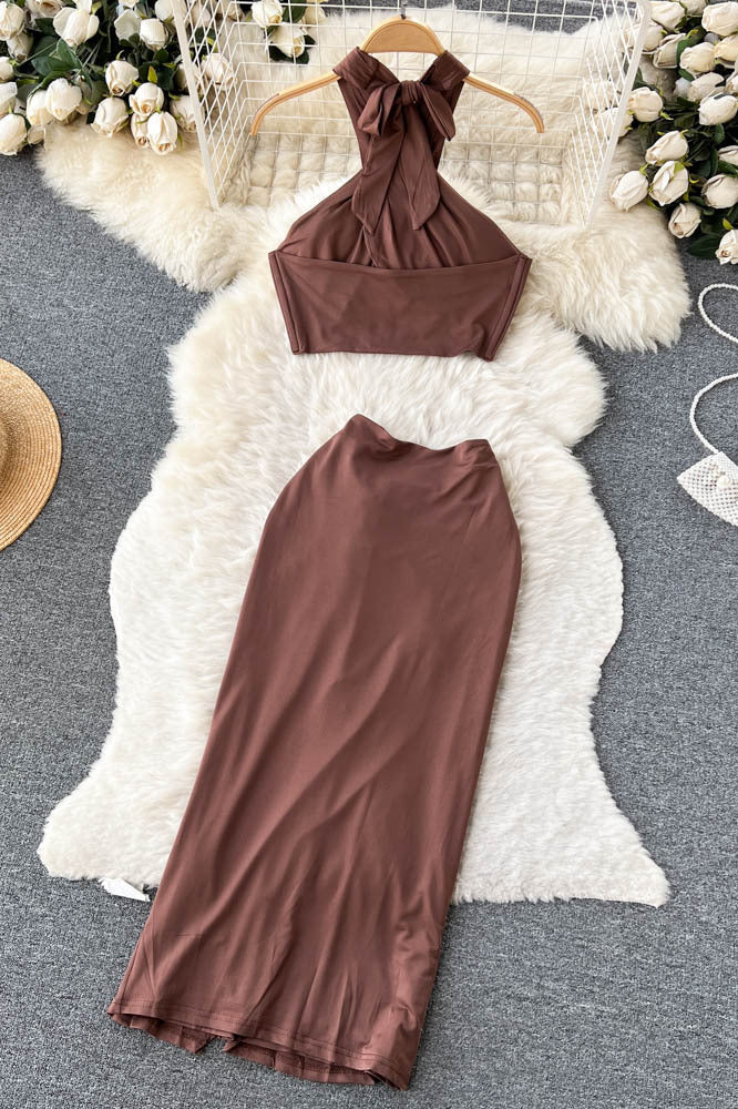 Cross Halter Tops Skirt Set Two-Piece