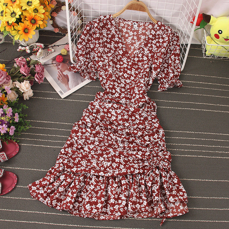 V-Neck Short Sleeve Lace Ruffle Maxi Dress