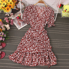 V-Neck Short Sleeve Lace Ruffle Maxi Dress