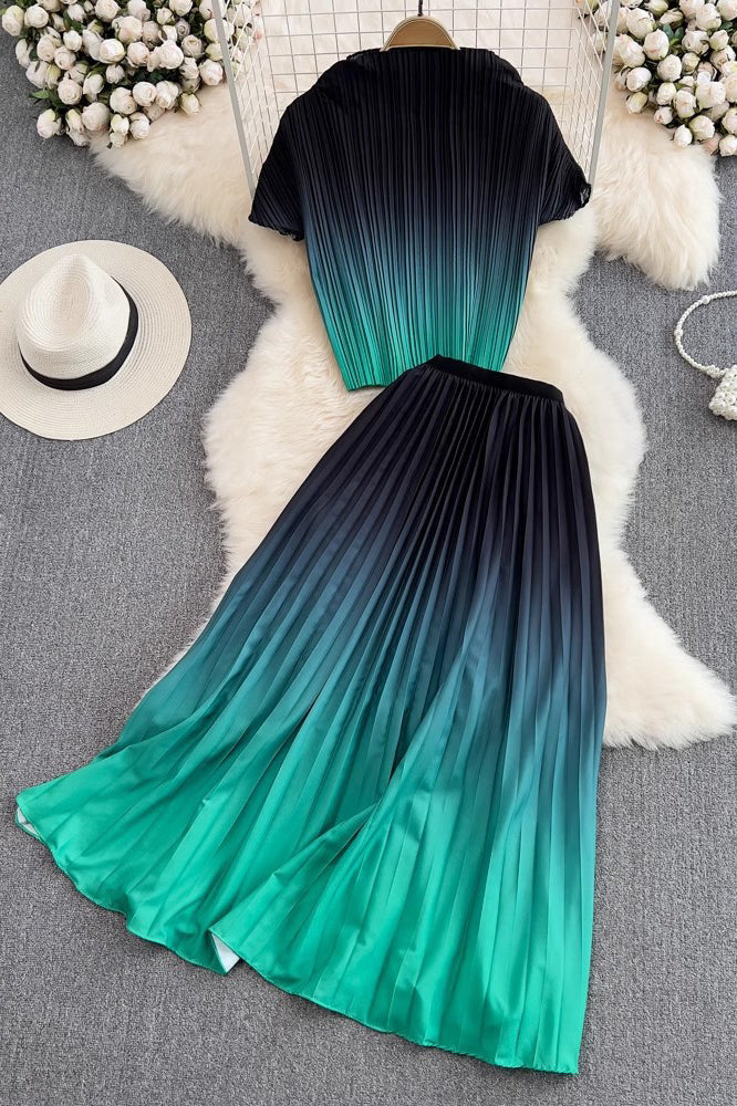 Gradient Color Short Sleeve Tops Skirt Set Two-Piece
