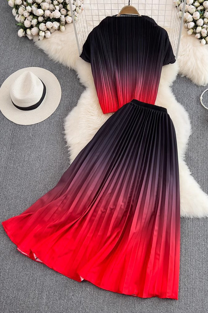 Gradient Color Short Sleeve Tops Skirt Set Two-Piece
