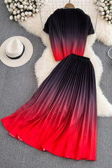 Gradient Color Short Sleeve Tops Skirt Set Two-Piece