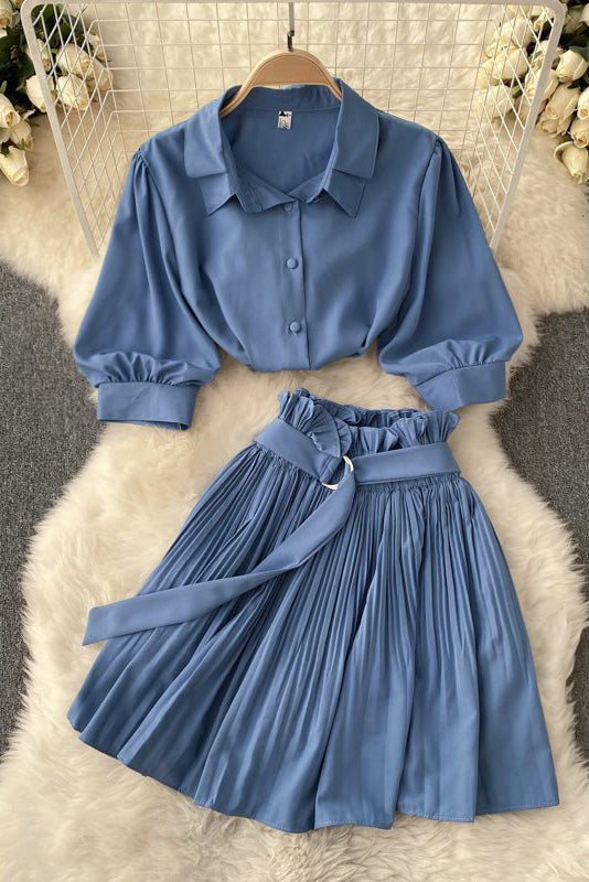 Short Sleeve Shirt Tops Pleated Skirt Set Two-Piece