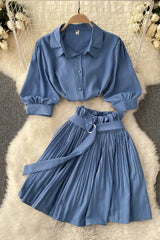 Short Sleeve Shirt Tops Pleated Skirt Set Two-Piece