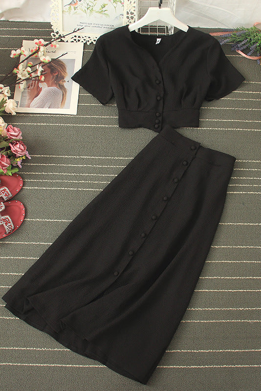 Short Sleeve Buttons Crop Tops Skirt Set Two-Piece