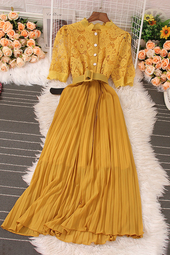 Retro Lace Hollow Short Sleeve Pleated Maxi Dress