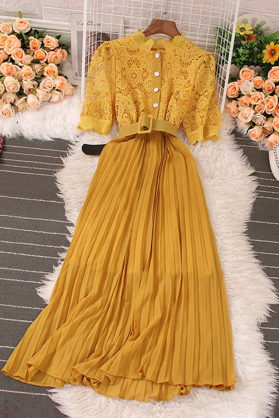Retro Lace Hollow Short Sleeve Pleated Maxi Dress