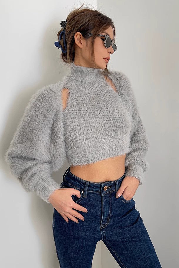 Rib-knit Shawl Jacet & Mock Neck Vest Two Piece Set