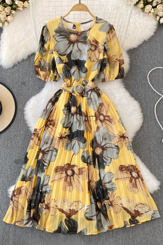 Flower Print Short Sleeve Pleated Dress