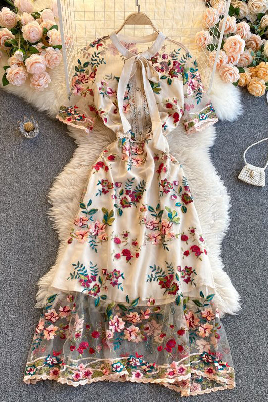 Embroidery Bow Short Sleeve Lace Maxi Dress