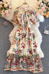 Embroidery Bow Short Sleeve Lace Maxi Dress