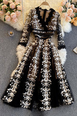 Embroidery Flower Long Sleeve Maxi Dress
