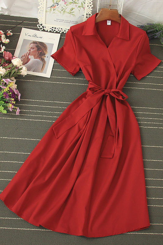 Lapel Short Sleeve Strappy Maxi Dress