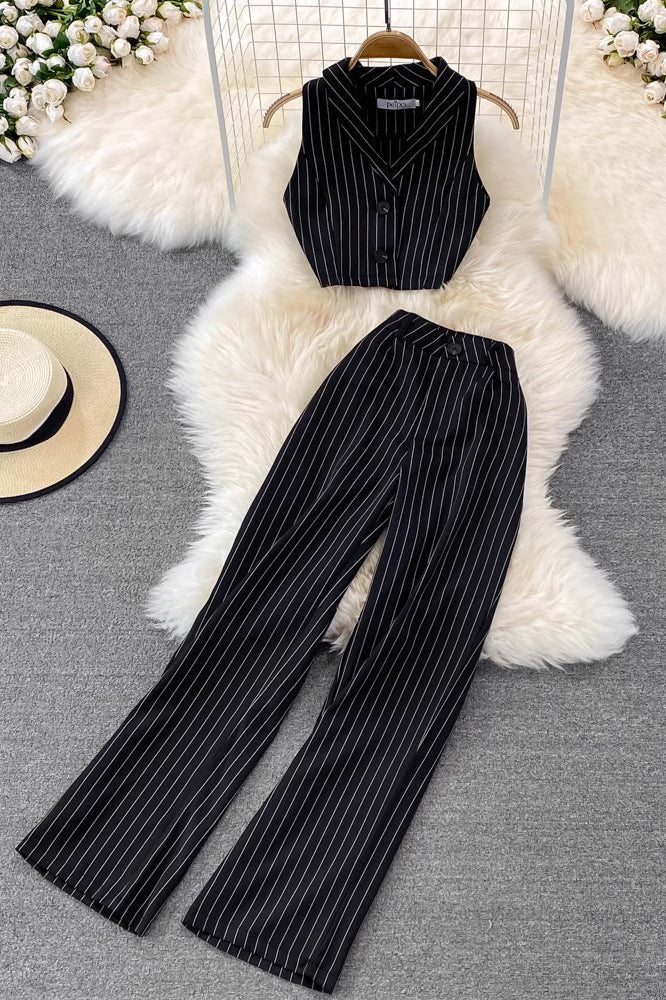 Stripe Sleeveless Tops Pants Trousers Set Two-Piece