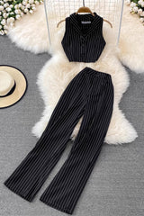 Stripe Sleeveless Tops Pants Trousers Set Two-Piece