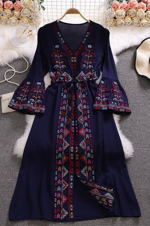 Boho Embroidery Long Sleeve V-Neck Strappy Maxi Dress