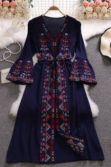 Boho Embroidery Long Sleeve V-Neck Strappy Maxi Dress
