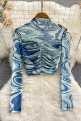 Gauze Ruffle Long Sleeve Crop Tops