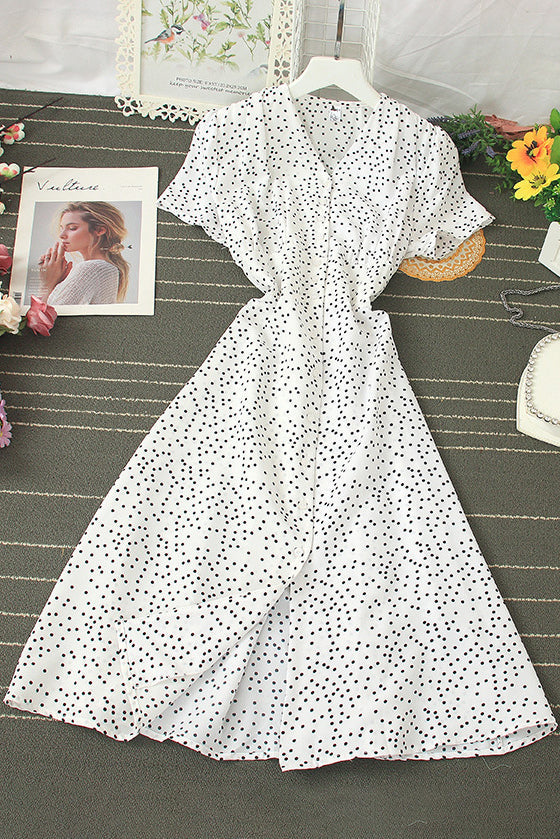 Polka Dots Short Sleeve Buttons Maxi Dress