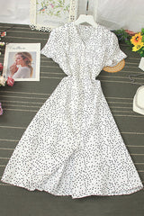 Polka Dots Short Sleeve Buttons Maxi Dress