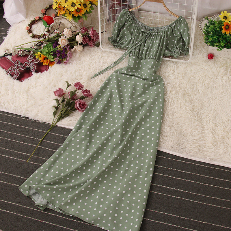 Short Sleeve Ruffle Polka Dots Maxi Dress