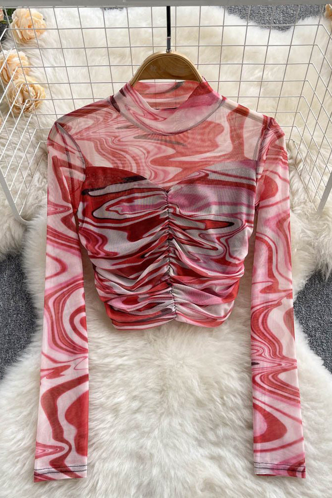 Gauze Ruffle Long Sleeve Crop Tops