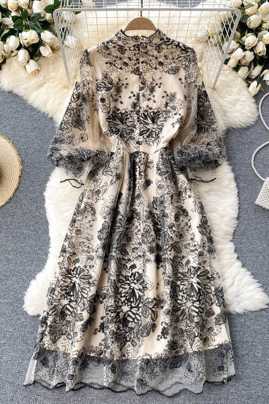 Embroidery Gauze Long Sleeve Maxi Dress