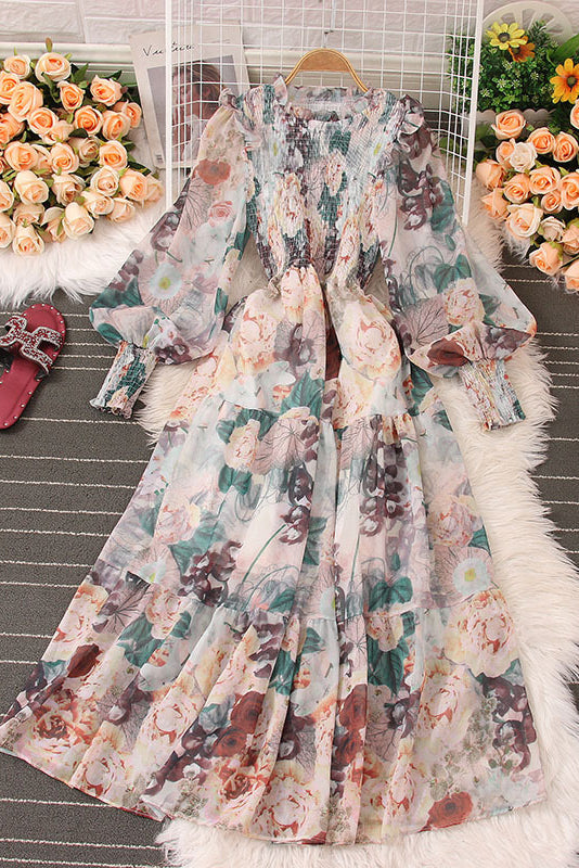 Floral Long Sleeve Ruffle Maxi Dress