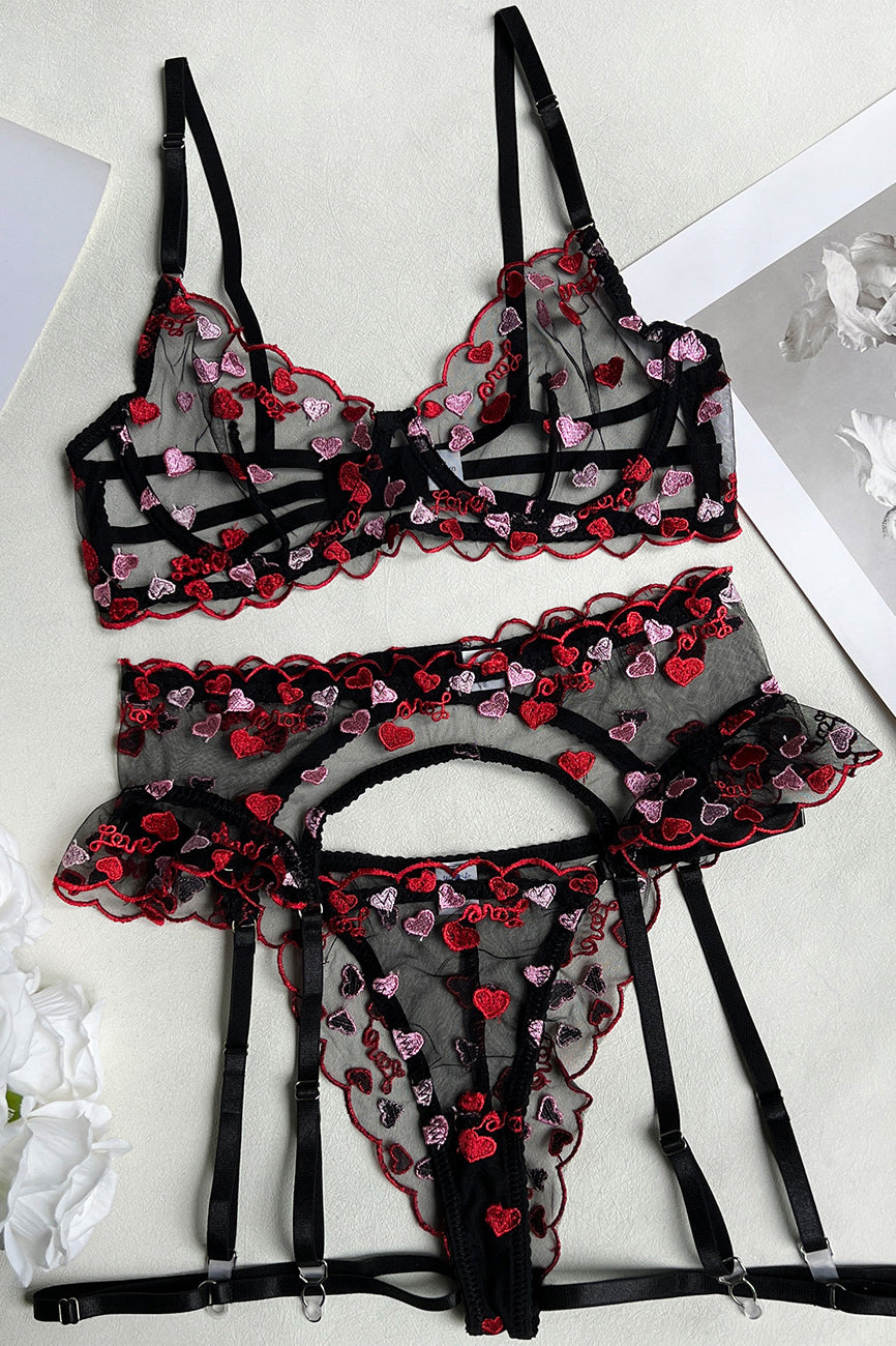 Heart Embroidery Gauze Underwear Lingerie Set