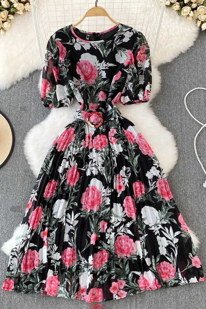 Flower Print Short Sleeve Pleated Dress