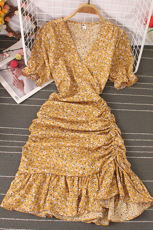 V-Neck Short Sleeve Lace Ruffle Maxi Dress