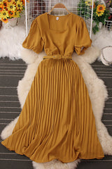 Square Collar Short Sleeve Pleated Maxi Dress
