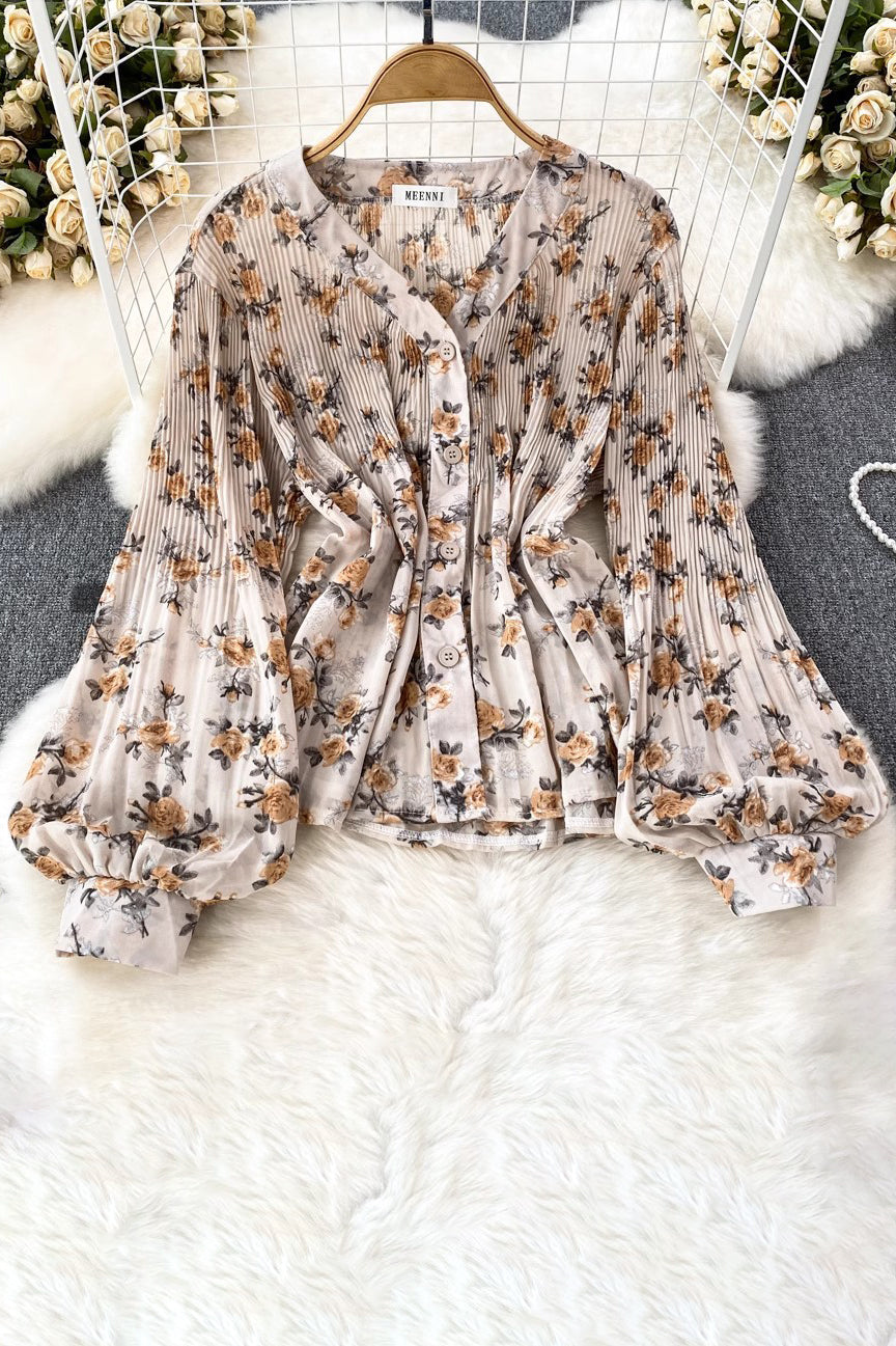 V-Neck Long Sleeve Ruffle Buttons Top