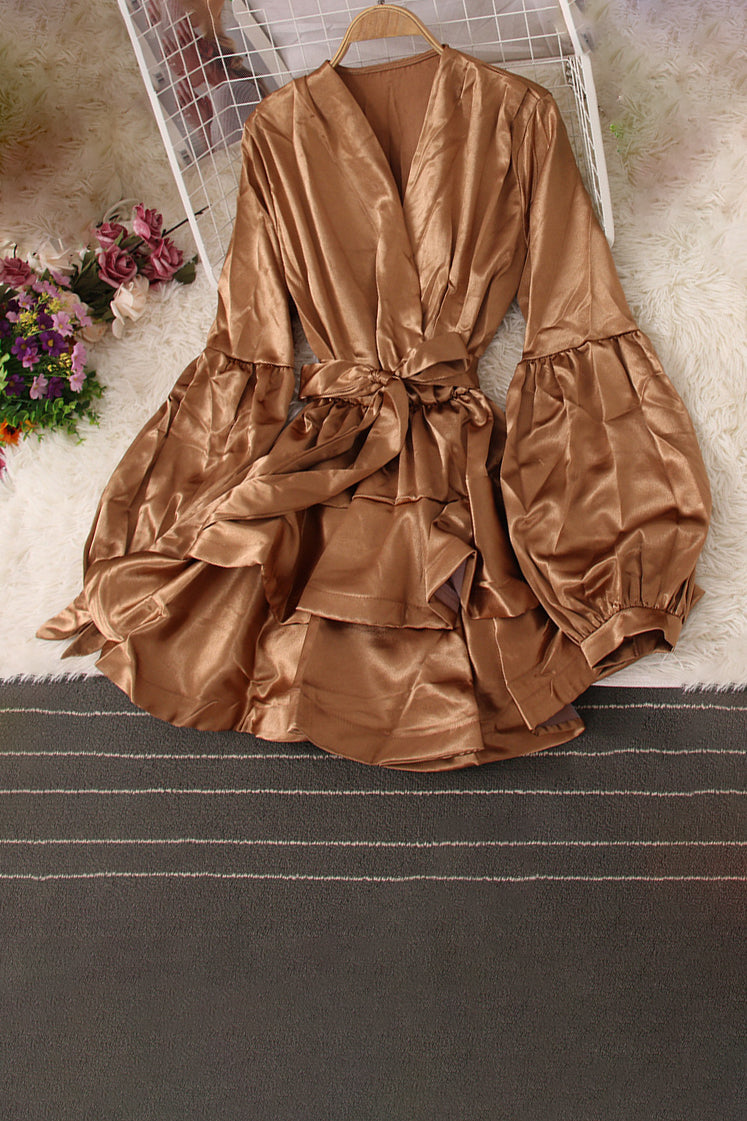 V-Neck Long Sleeve Ruffle Strappy Mini Dress