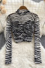 Gauze Ruffle Long Sleeve Crop Tops