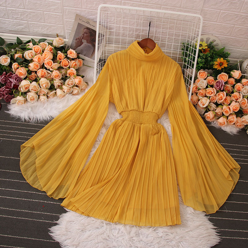 High Neck Long Sleeve Pleated Mini Dress
