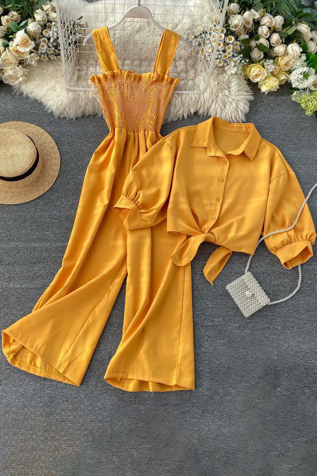 Sleeveless Strap Romper Jumpsuit Buttons Short Sleeve Shirt Tops Set Two-Piece