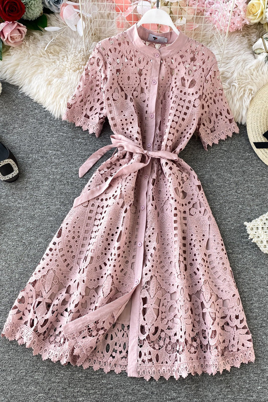 Lace Hollow Short Sleeve Strappy Maxi Dress