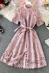 Lace Hollow Short Sleeve Strappy Maxi Dress